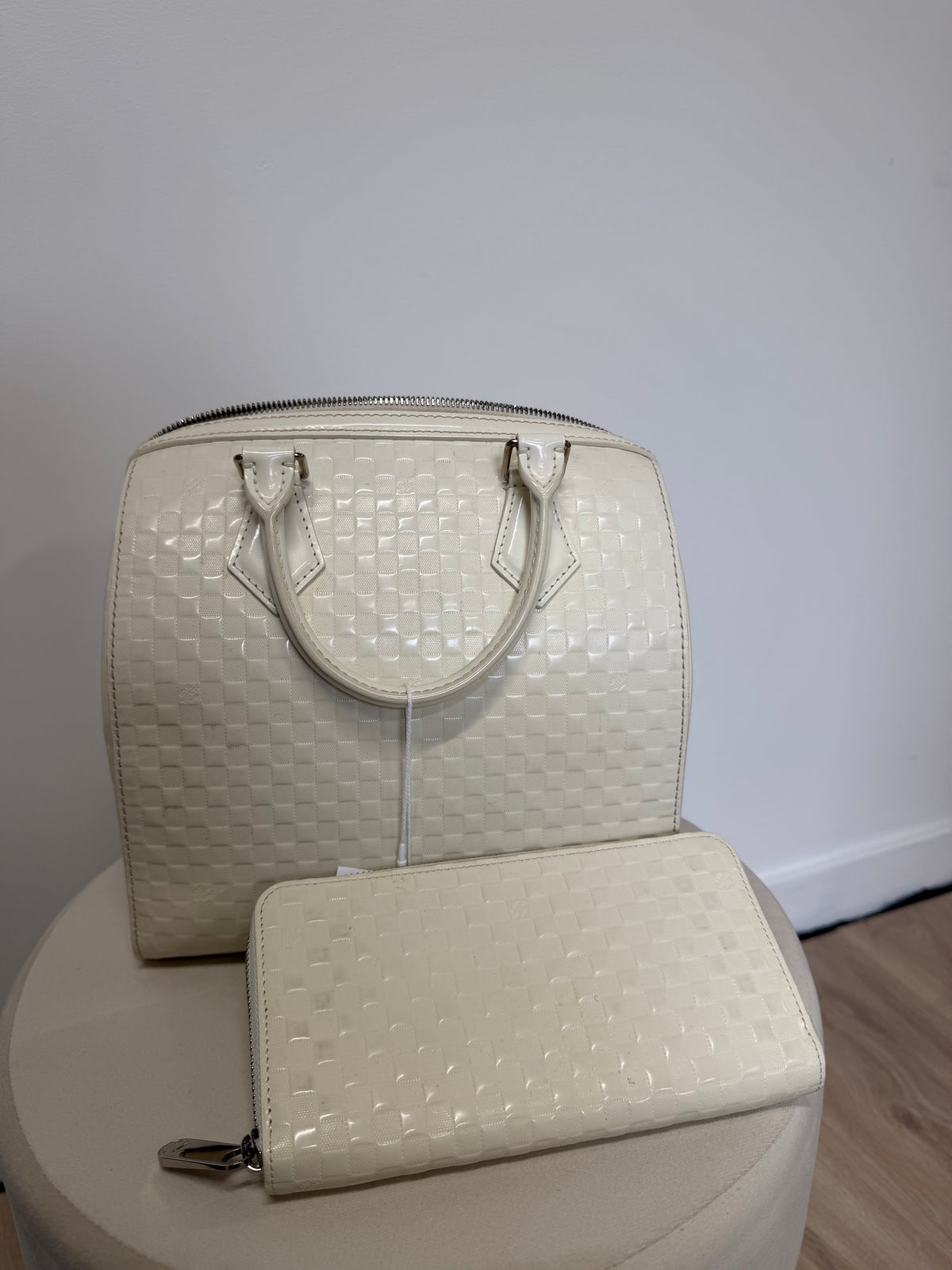Preloved Louis Vuitton Bag & Purse Set Damier Facette Speedy Cube Cream/White Calfskin