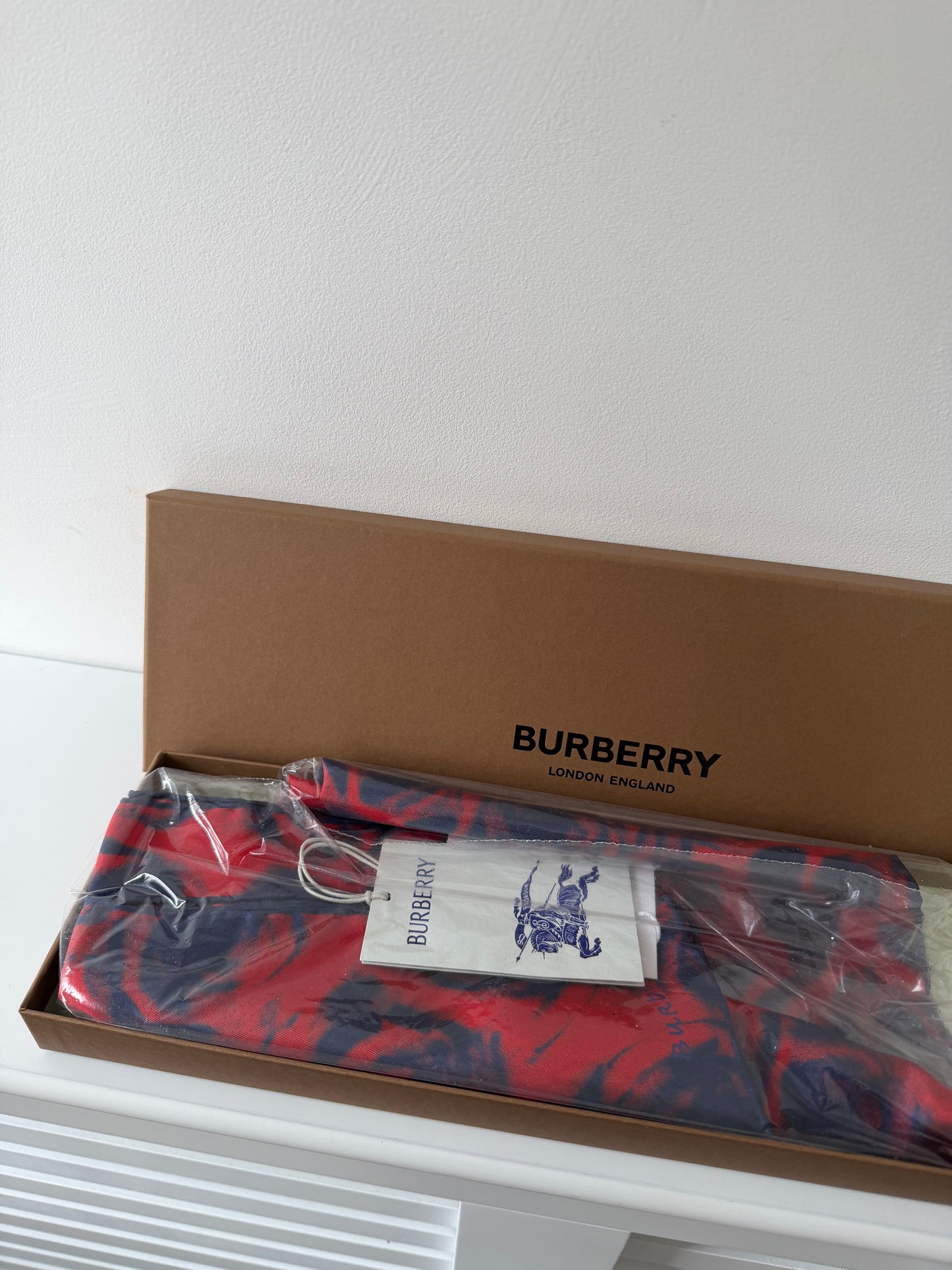Preloved Red & Navy Burberry Silk Scarf, Brand New
