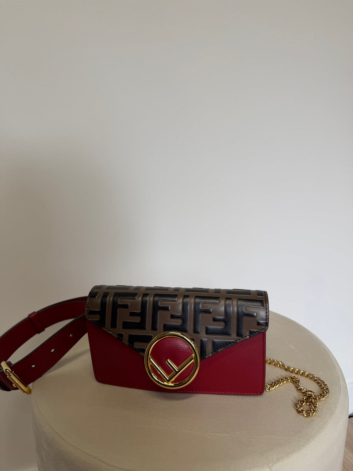 Preloved Fendi Handbag (Belt and Bag) Mini 17.5cm wide Red Monogram