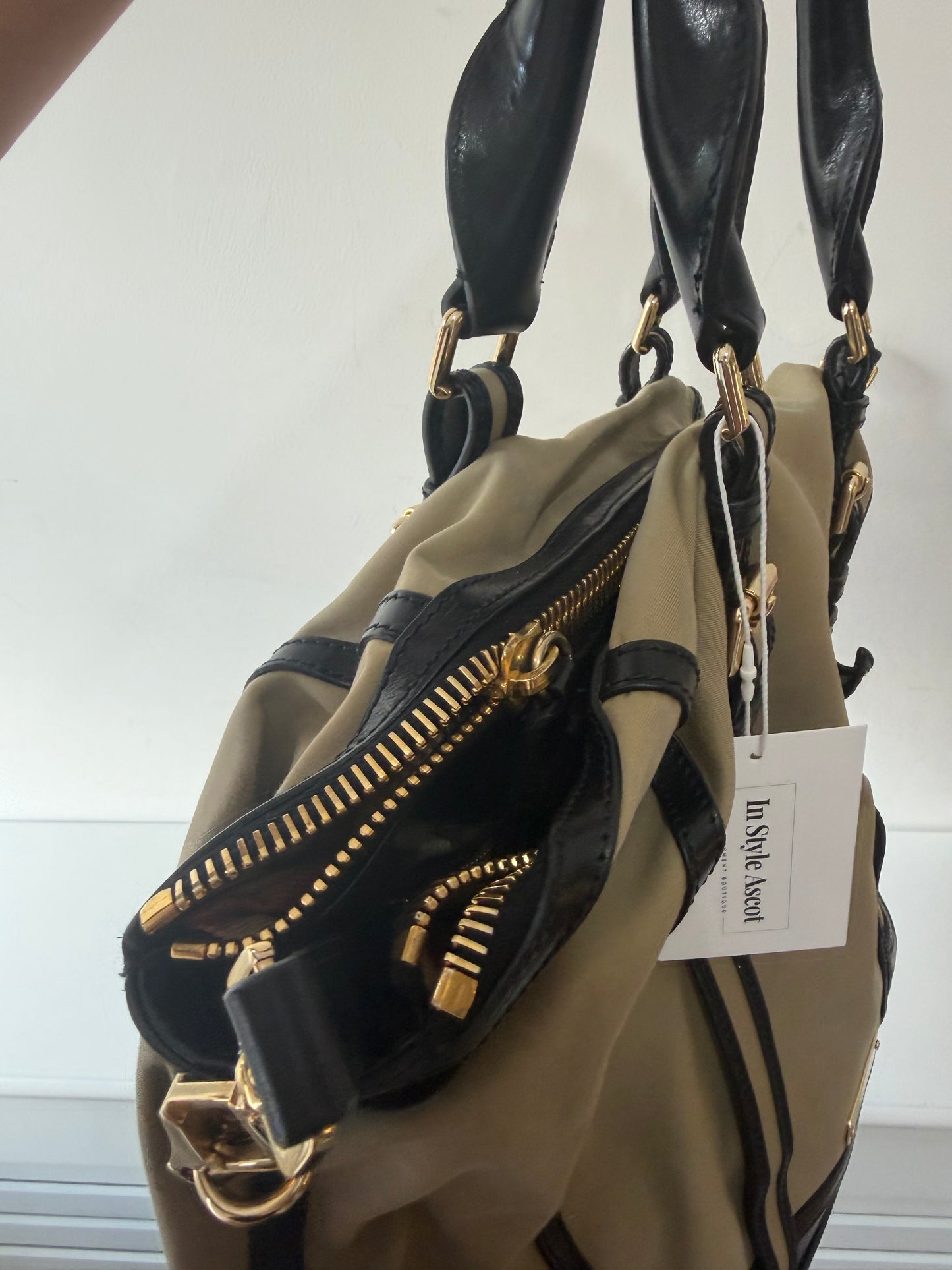 Preloved, Khaki with black leather  Burberry Tote Handbag, Small