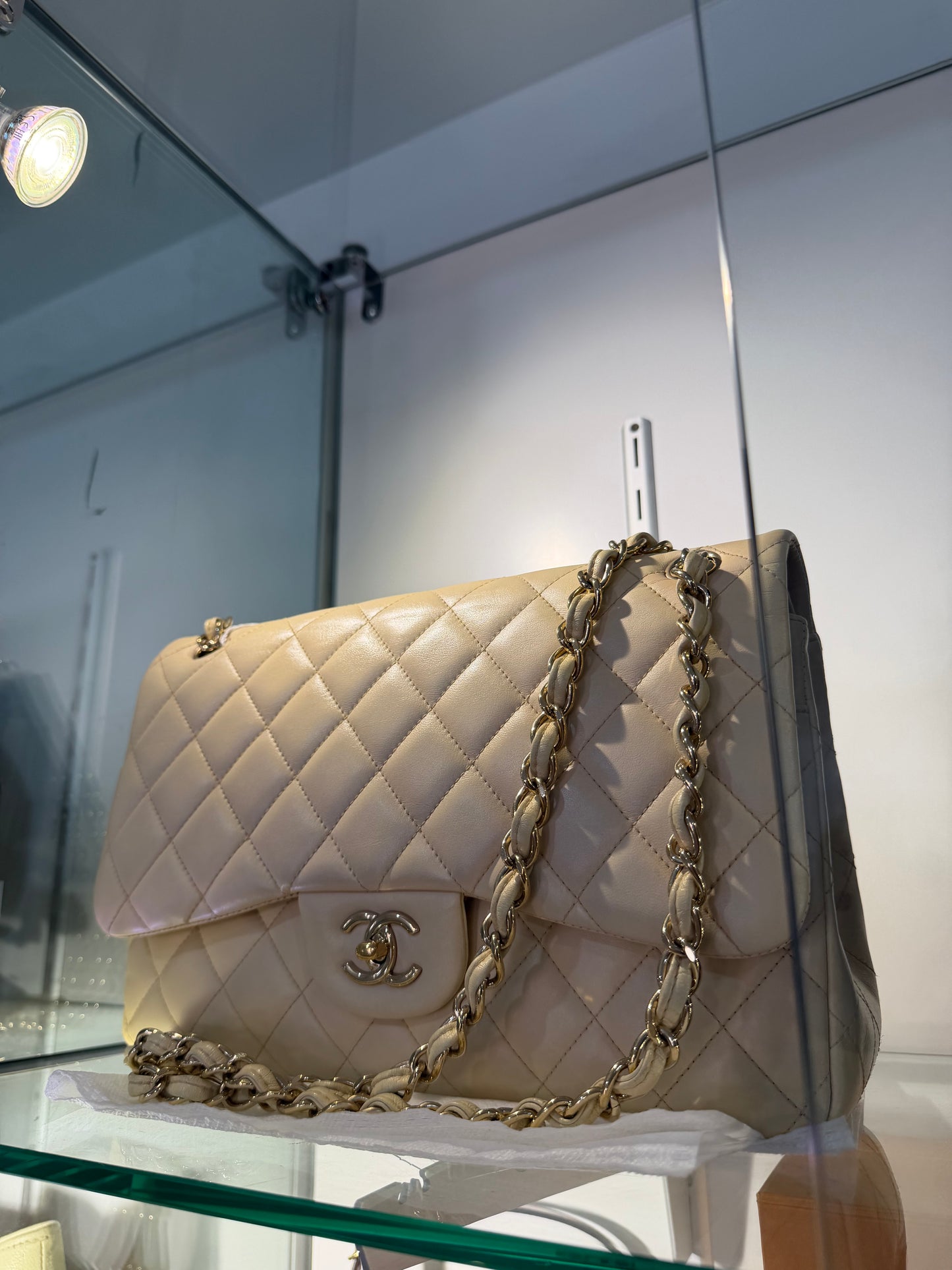 Preowned, Beige Nude with Gold Hardware Chanel Bag, Jumbo Double Flap