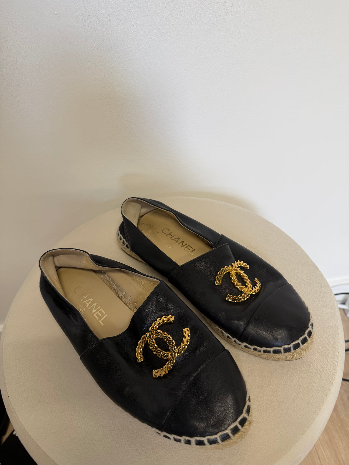 Preloved Chanel Espadrilles Size 4 Black with Gold CC