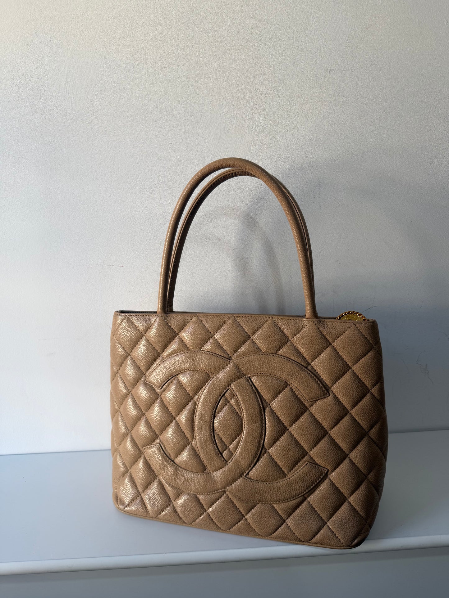 Preloved Chanel Handbag Medallion Tote Beige