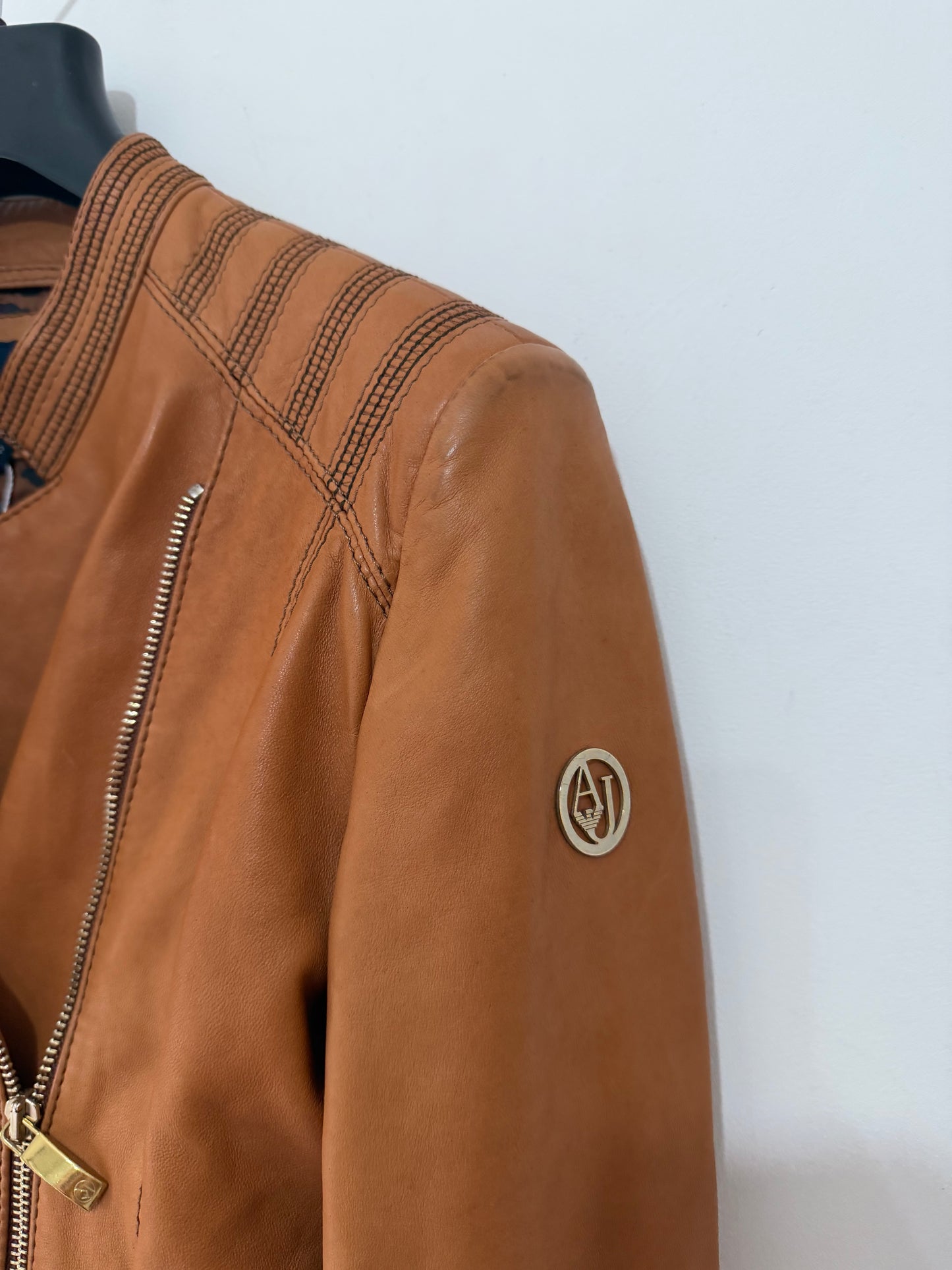 Preowned, Tan Brown Armani Jeans 100% Leather Jacket, Size 10 Fire Price
