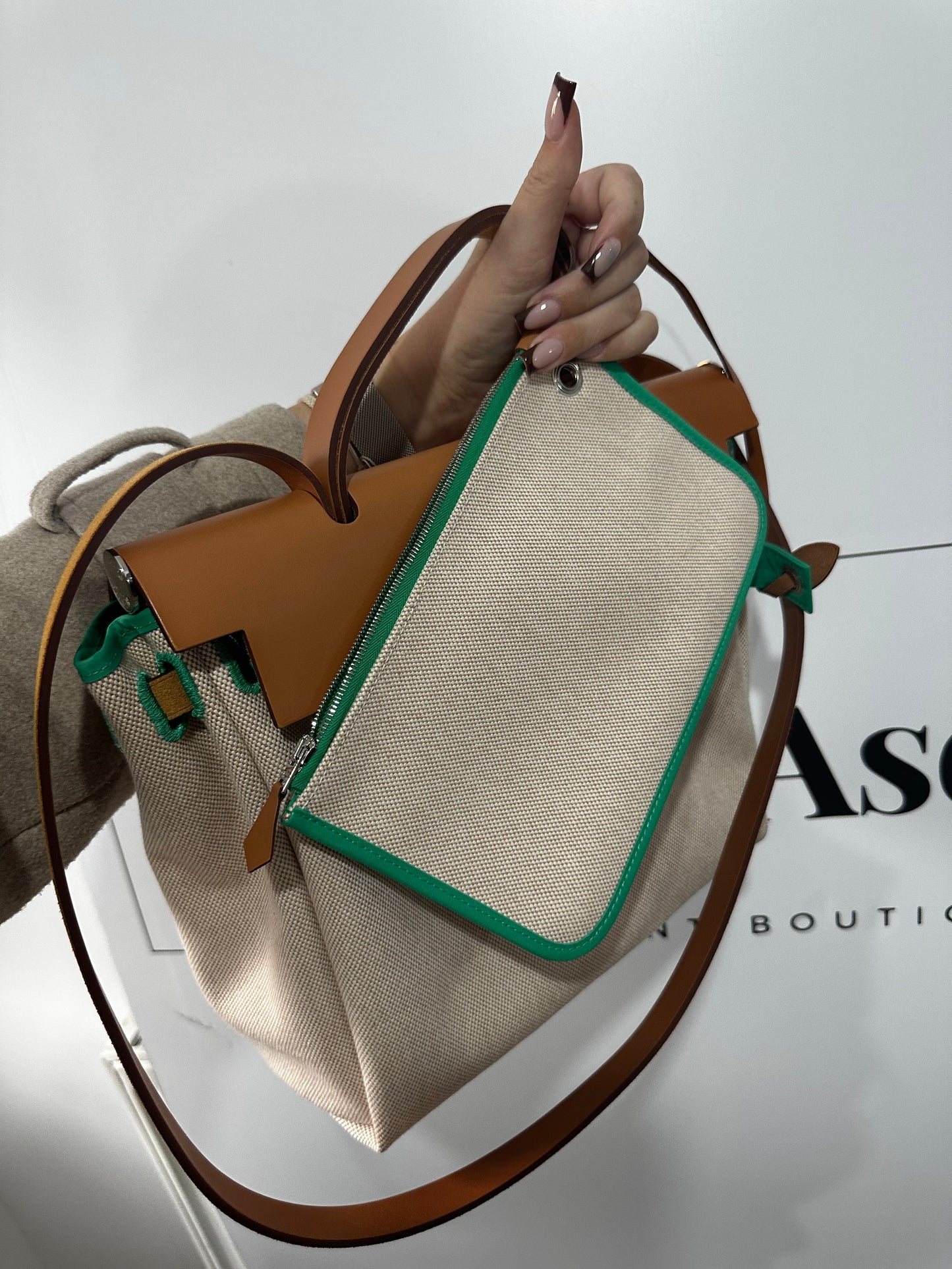 Cream and Green Hermes Herbag, Handbag