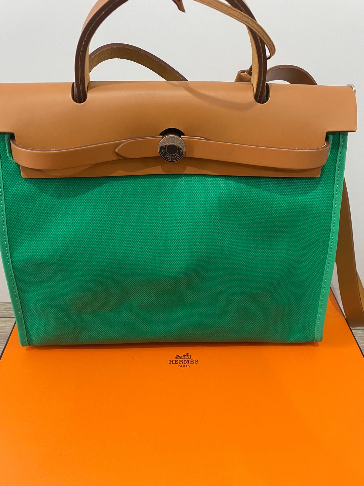 Cream and Green Hermes Herbag, Handbag