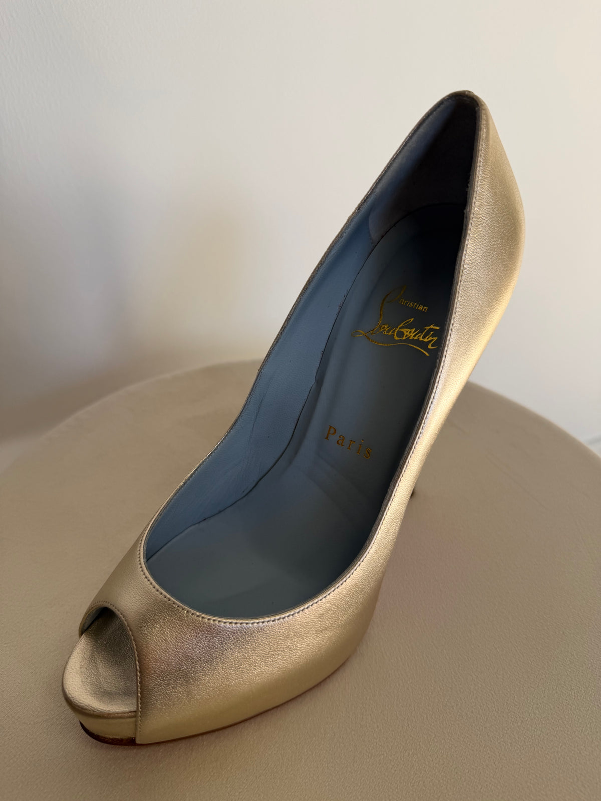 Preloved Christian Louboutin Heels Size 5 - 38 Gold Peeptoe