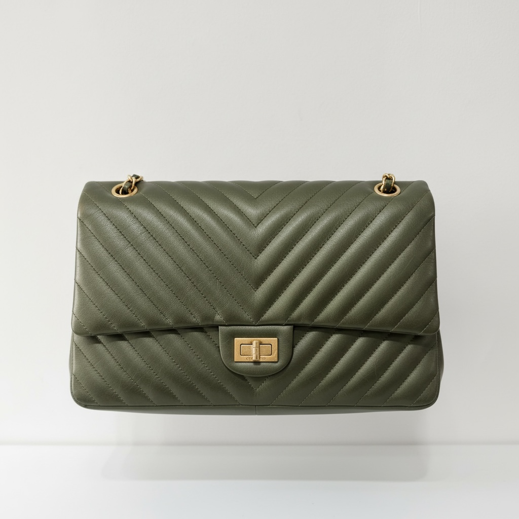 Pre-owned, Green Khaki Gold Hardware Chanel 2.55 Chevron 255 Bag