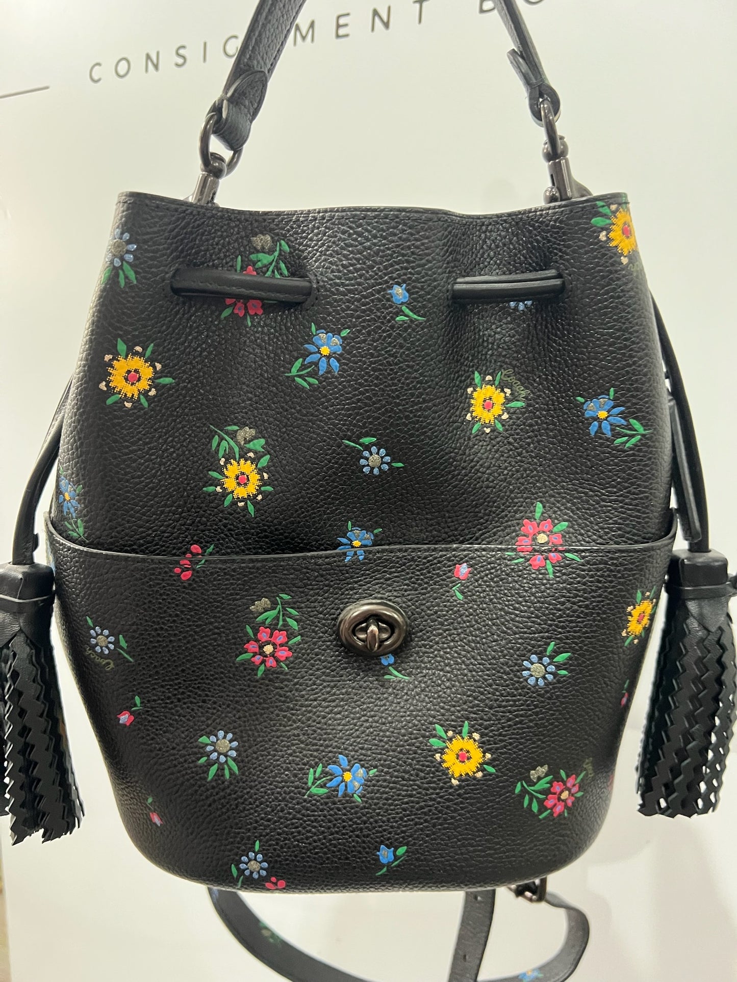 Flower Print Coach Handbag, Bucket Drawstring