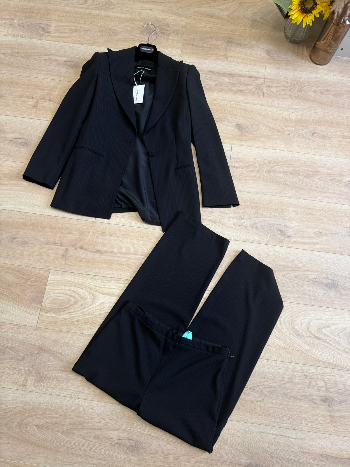 Preloved Giorgio Armani Suit, Size 8 Black Pinstripe
