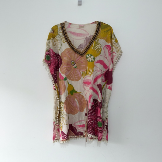 Preloved, Yellow/Pink  Fourtys  Beach Kaftan, One Size