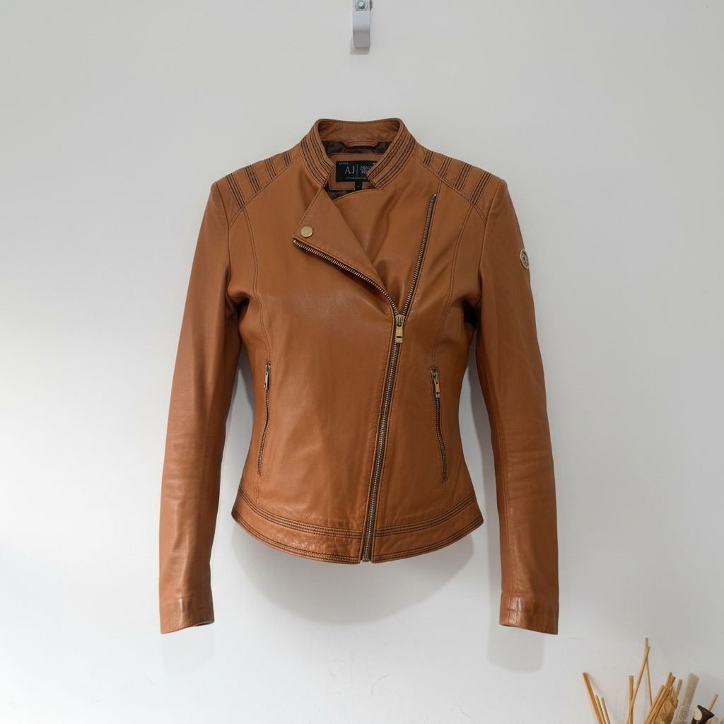 Preowned, Tan Brown Armani Jeans 100% Leather Jacket, Size 10 Fire Price