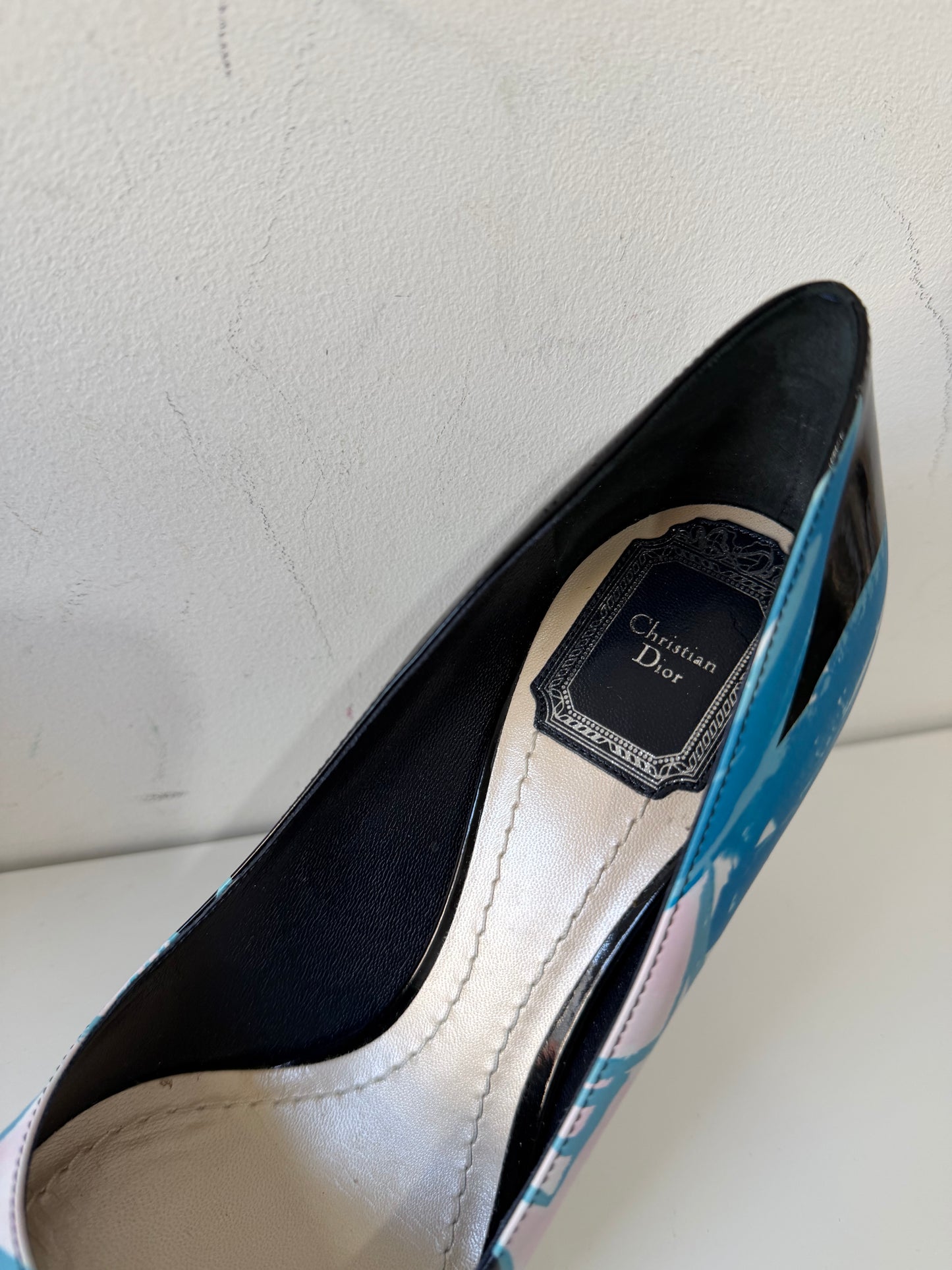 Preloved, Blue and Black Floral print  Christian Dior Heels, Size 37 - UK 4