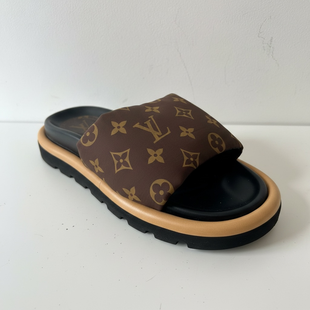 Preloved, Distinct Brown monogram nylon padded strap Louis Vuitton Pool Pillow Slides, Size 38 - UK 5