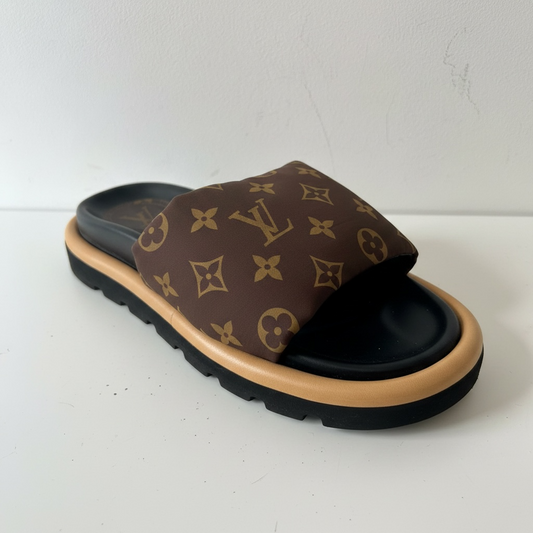 Preloved, Distinct Brown monogram nylon padded strap Louis Vuitton Pool Pillow Slides, Size 38 - UK 5