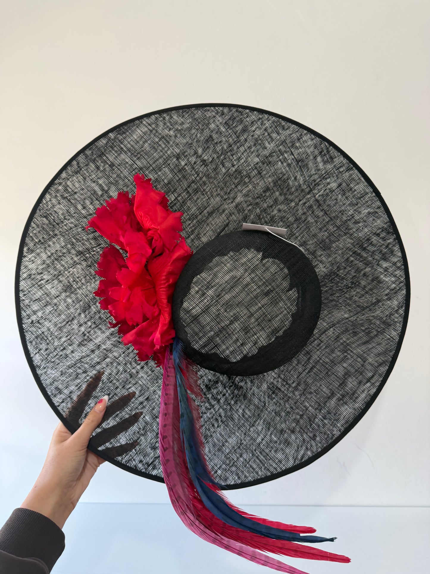 Preloved, Black with Red Feather Nigel Rayment Couture Hat Fascinator