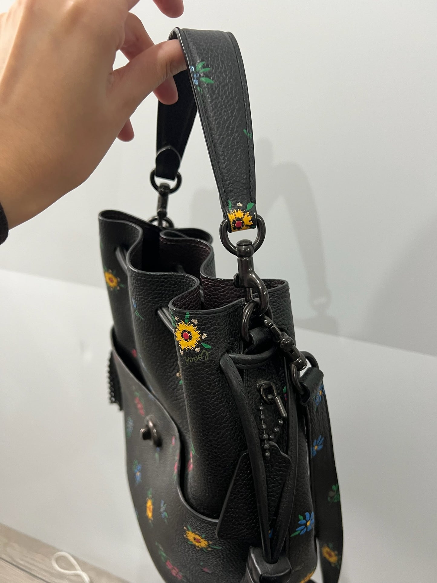 Flower Print Coach Handbag, Bucket Drawstring