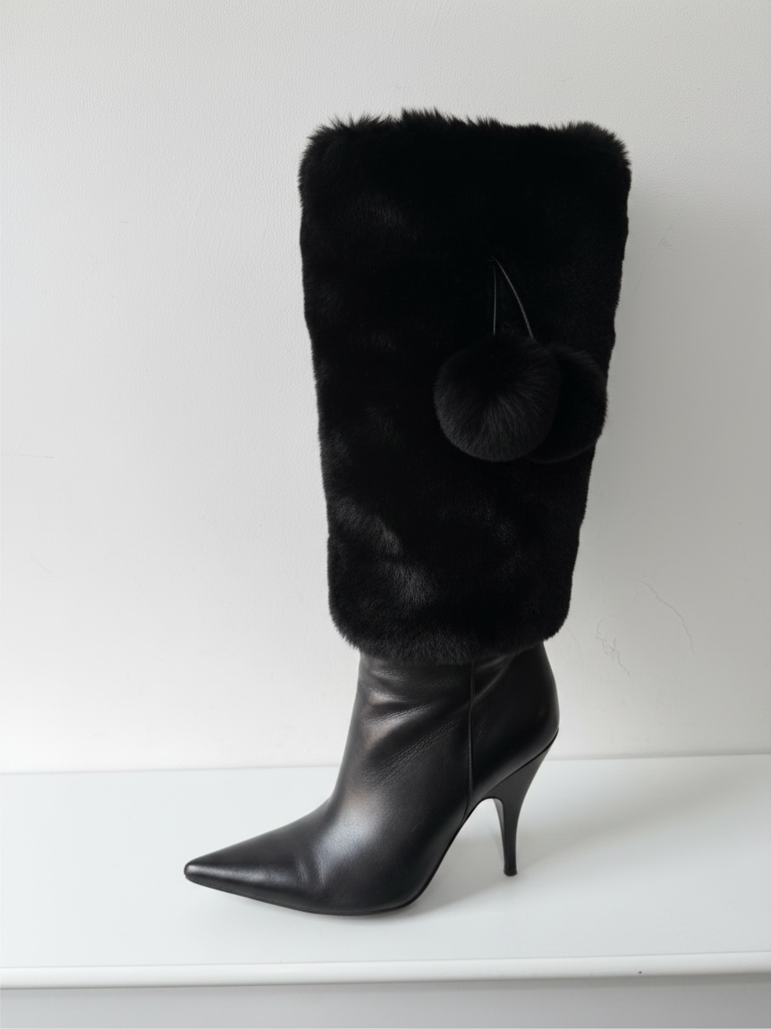Preloved Dior Knee High Boots Size 5.5 Black Leather & Rabbit Fur