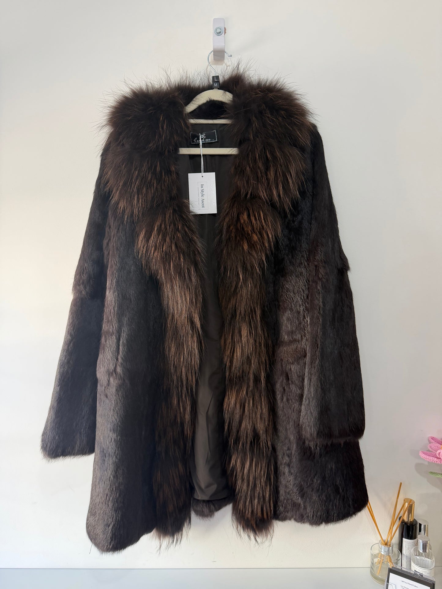 Preowned Brown Catch Me... Rabbit and Racoon Fur Coat, Size M/L