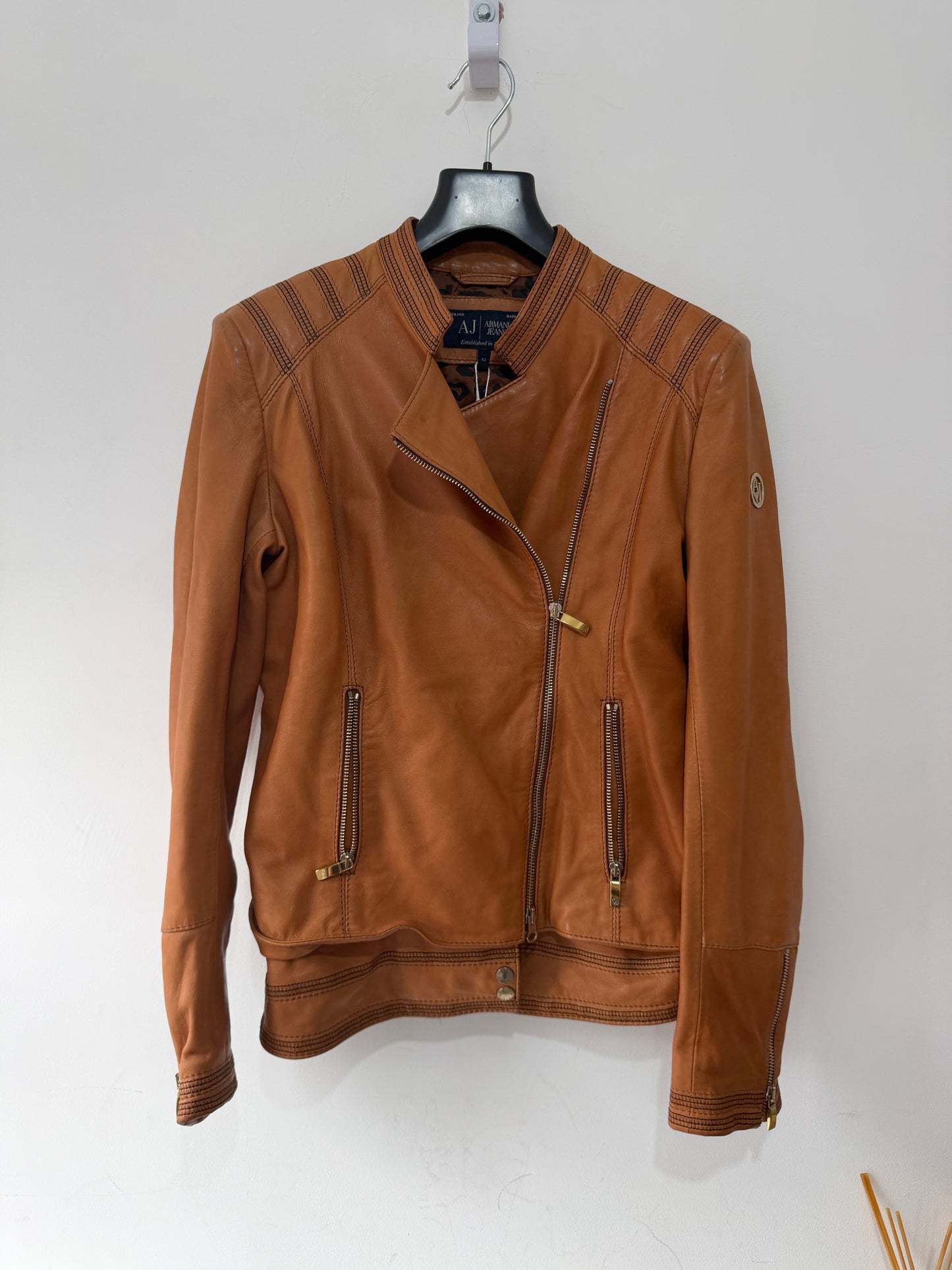 Preowned, Tan Brown Armani Jeans 100% Leather Jacket, Size 10 Fire Price