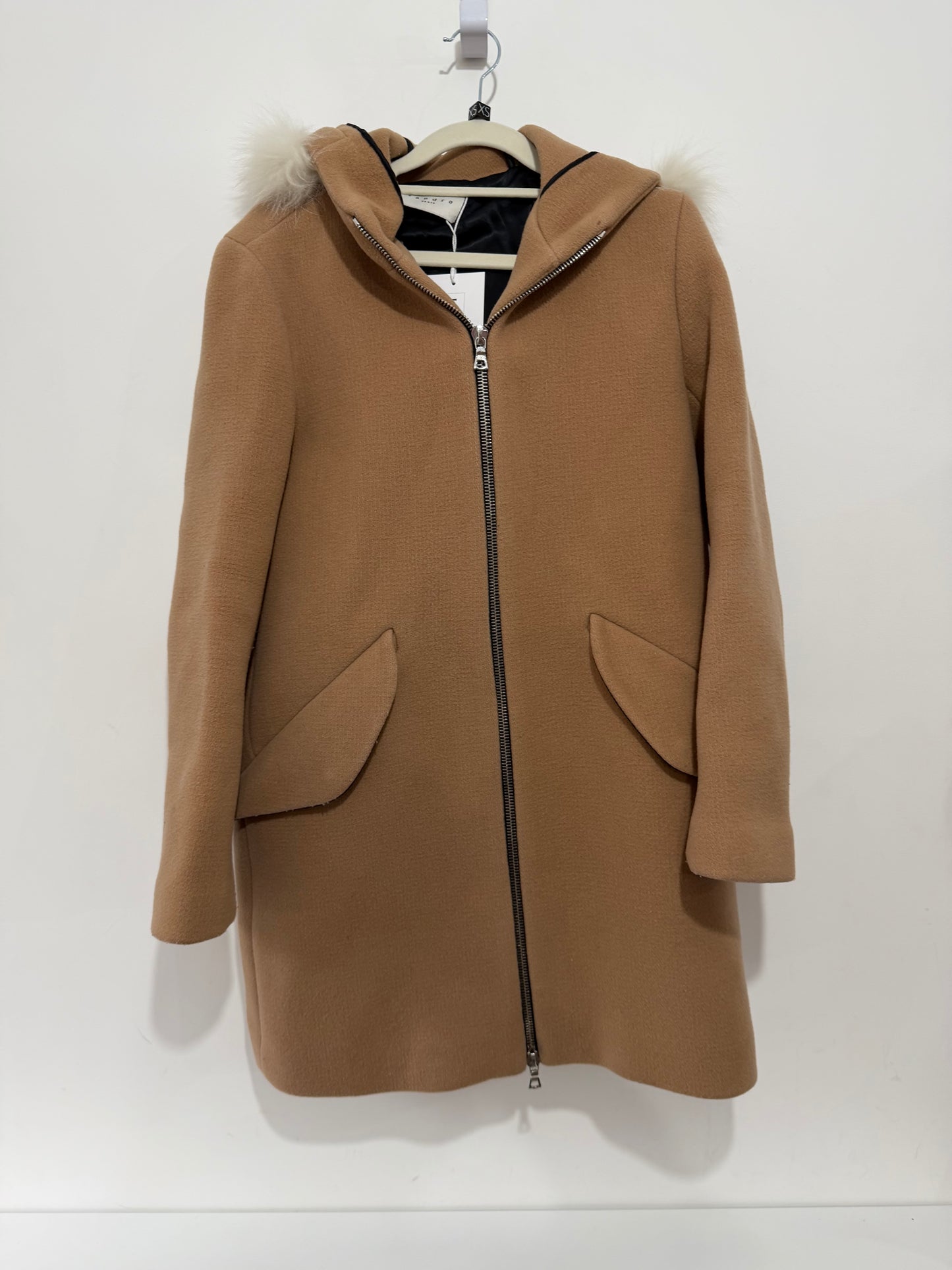 Pre-owned, Camel Sandro Fox Fur and Wool Coat, Size 8