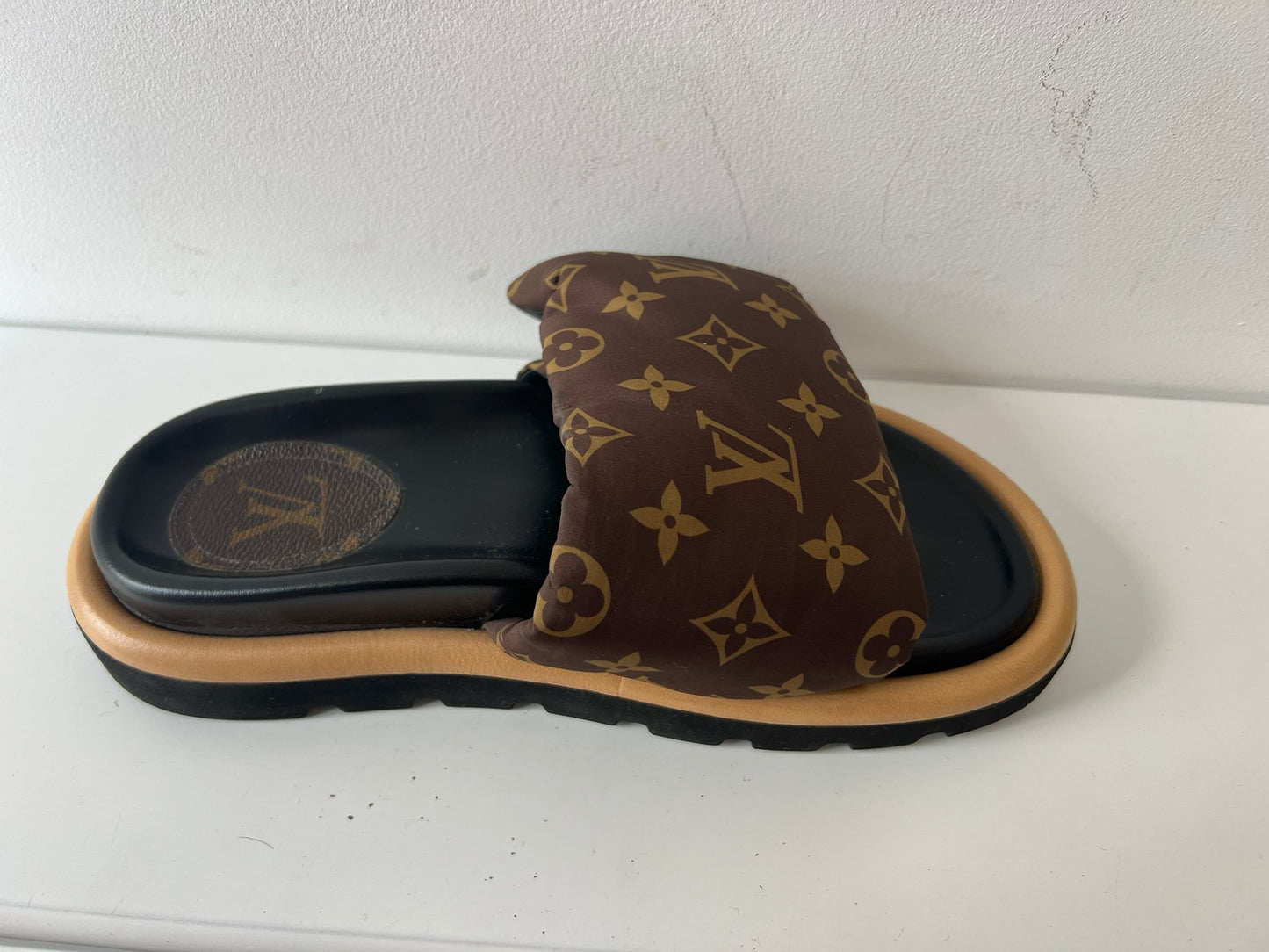 Preloved, Distinct Brown monogram nylon padded strap Louis Vuitton Pool Pillow Slides, Size 38 - UK 5