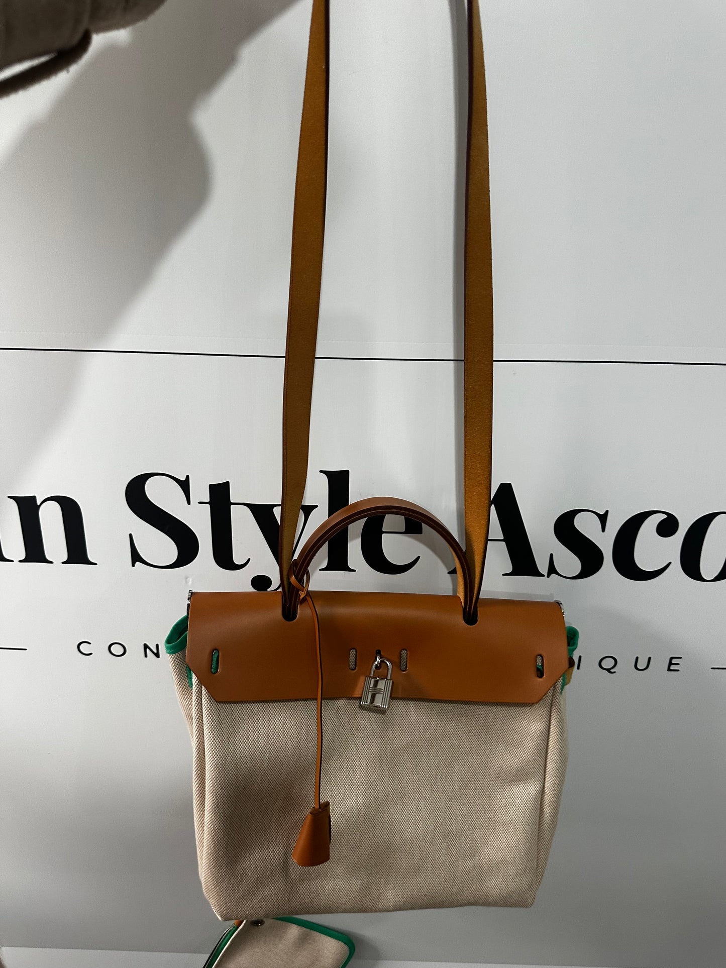 Cream and Green Hermes Herbag, Handbag