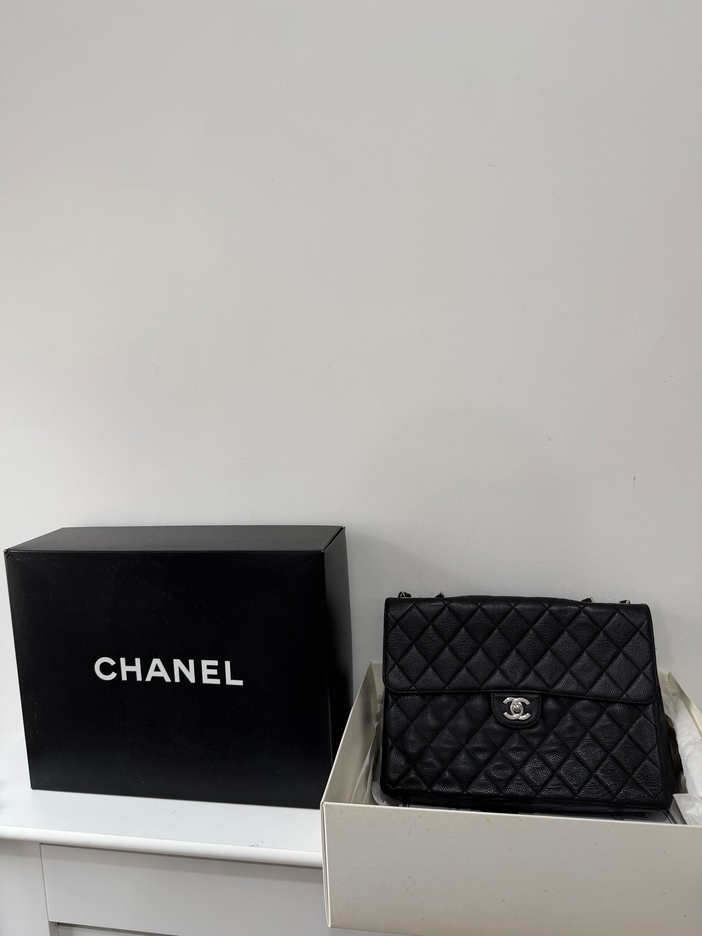 Preloved, Black Chanel Quilted Jumbo Single Flap Bag, Silver Hardware, Black Caviar Leather