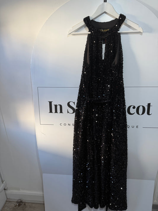 Black Sequin Stardust Evening Dress, Size S (adjustable to fit a 10/12 with belt)