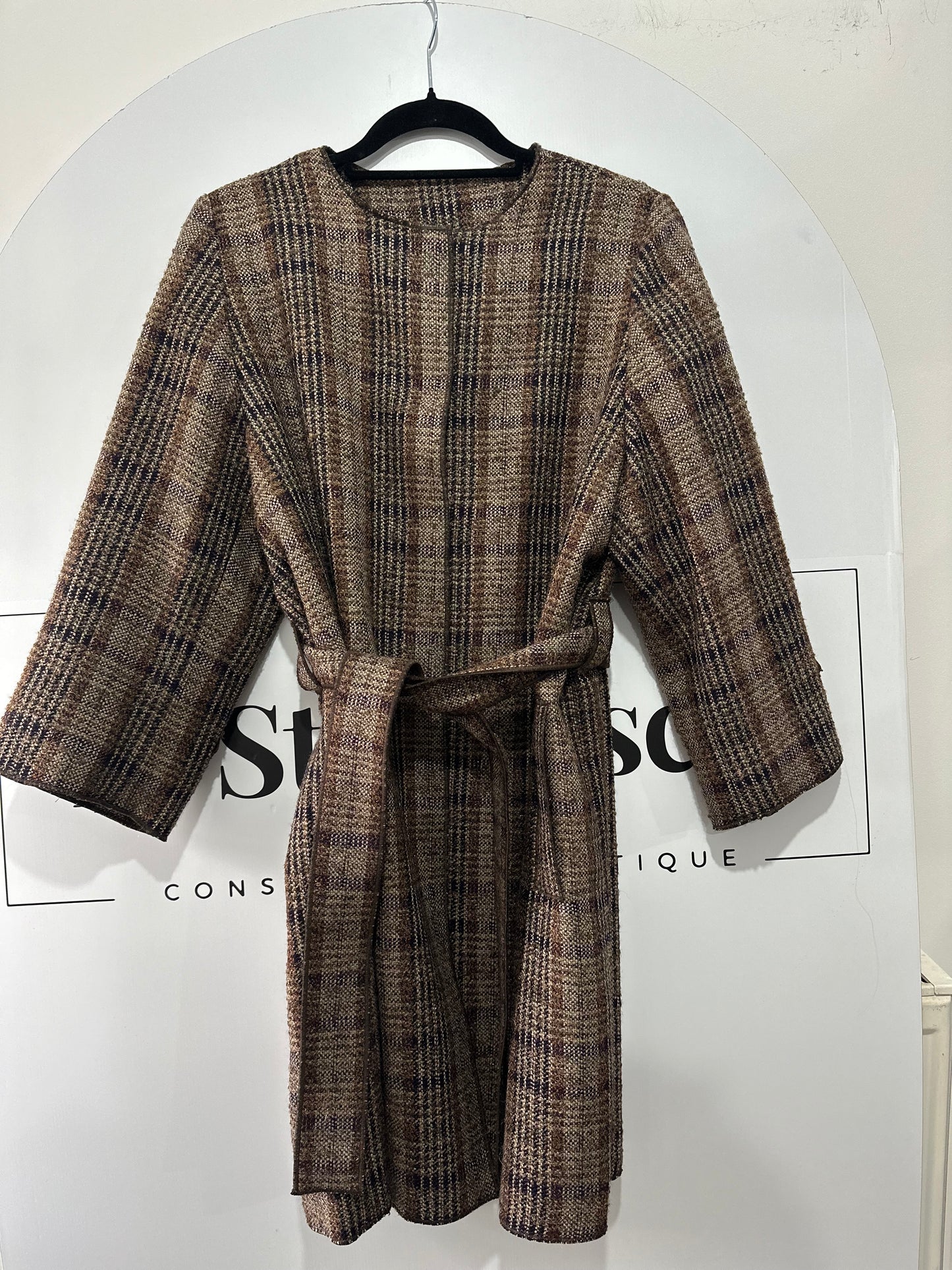 Checkered Tweed Dolce & Gabbana Belted Coat, Size 10-12