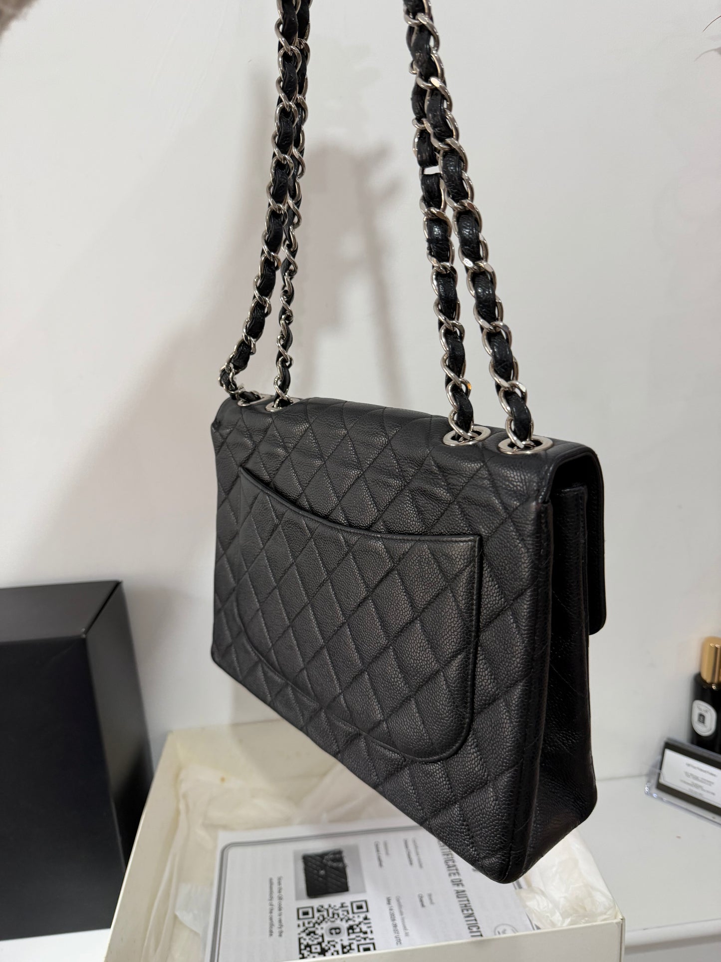 Preloved, Black Chanel Quilted Jumbo Single Flap Bag, Silver Hardware, Black Caviar Leather