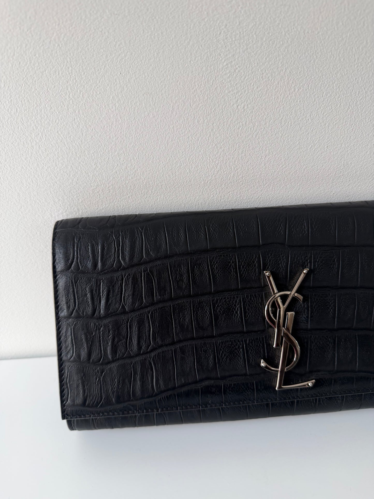 Preloved Black Leather YSL Clutch Silver Hardware