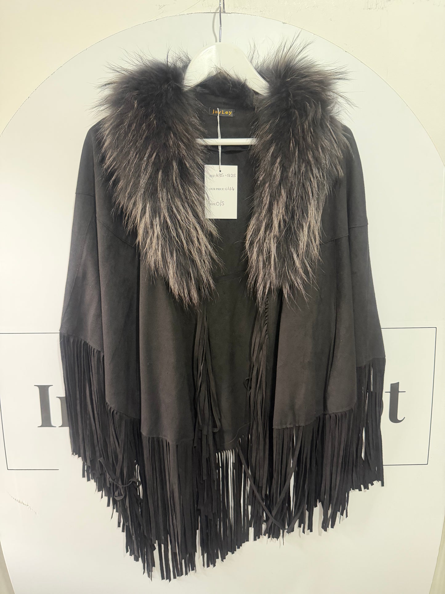 Fringe Black Suede Jayley Shawl Jacket, One Size