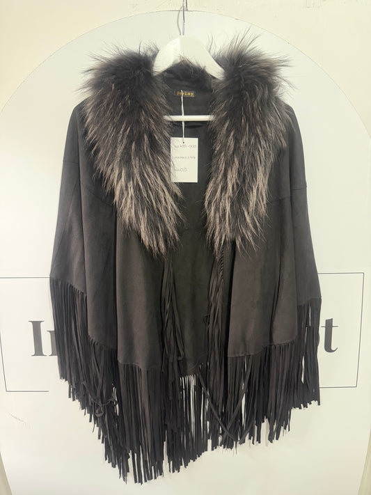 Fringe Black Suede Jayley Shawl Jacket, One Size