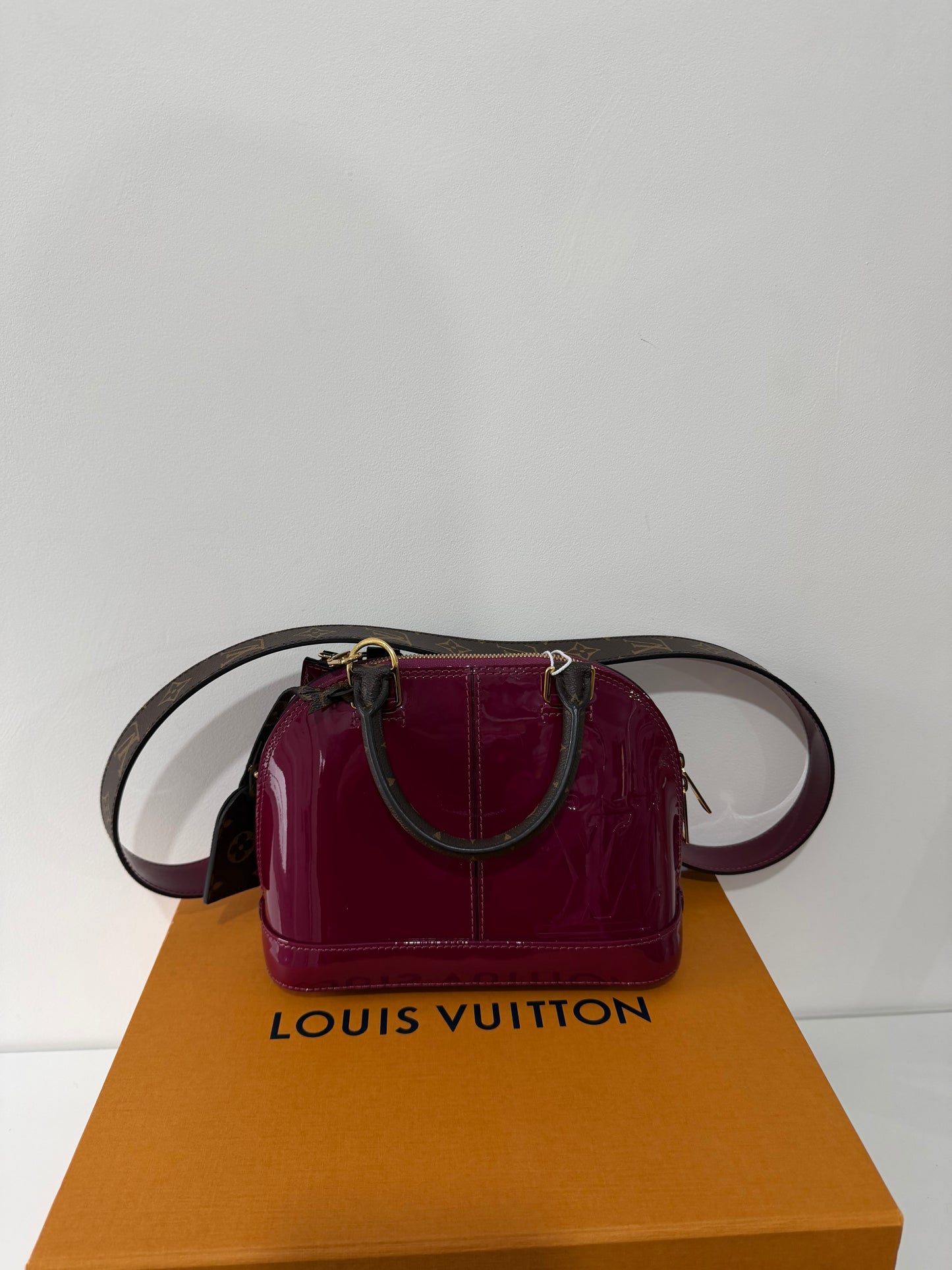 Pre-owned, Patent Burgundy and Monogram Louis Vuitton Alma BB Bag