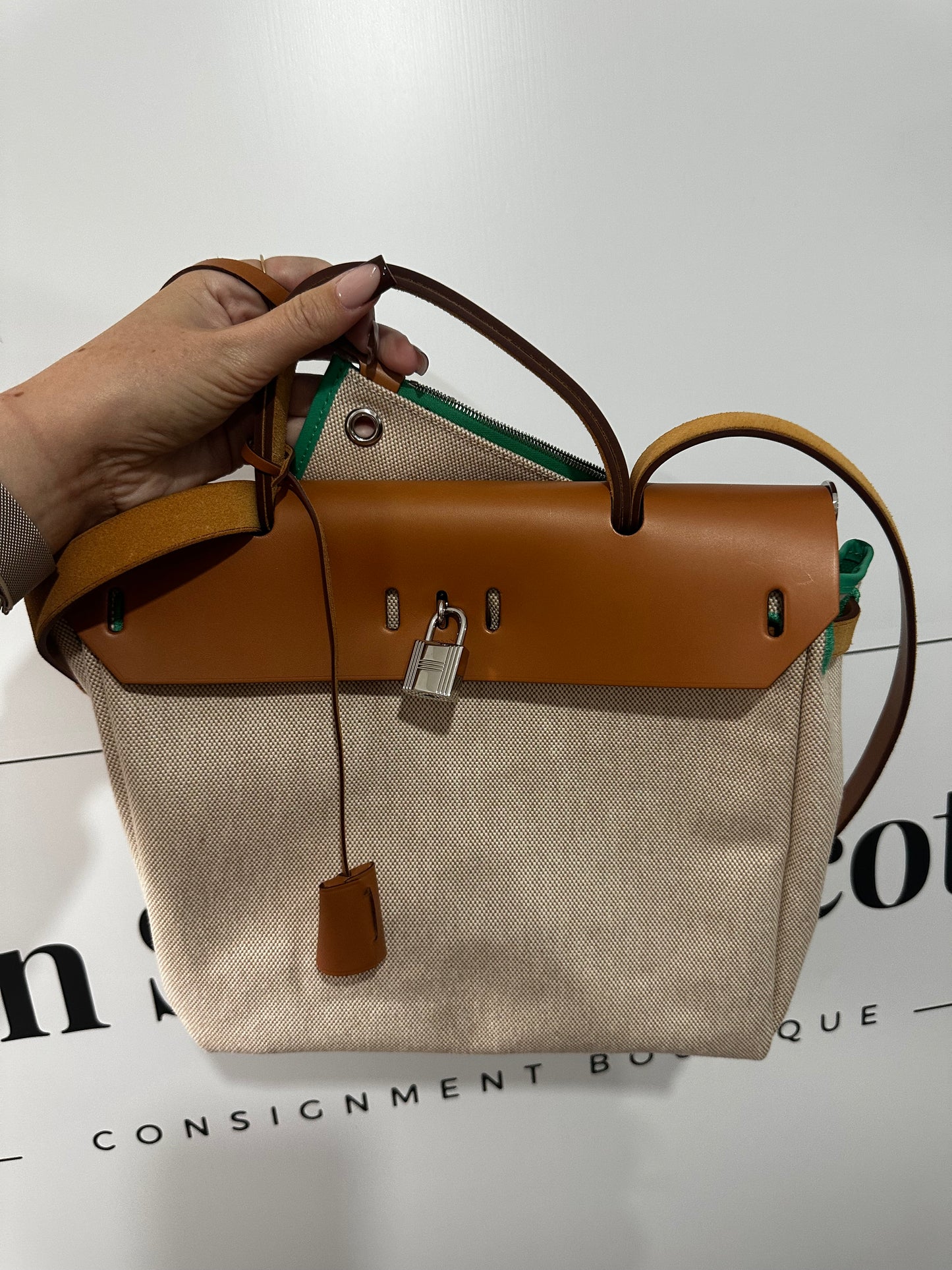Cream and Green Hermes Herbag, Handbag
