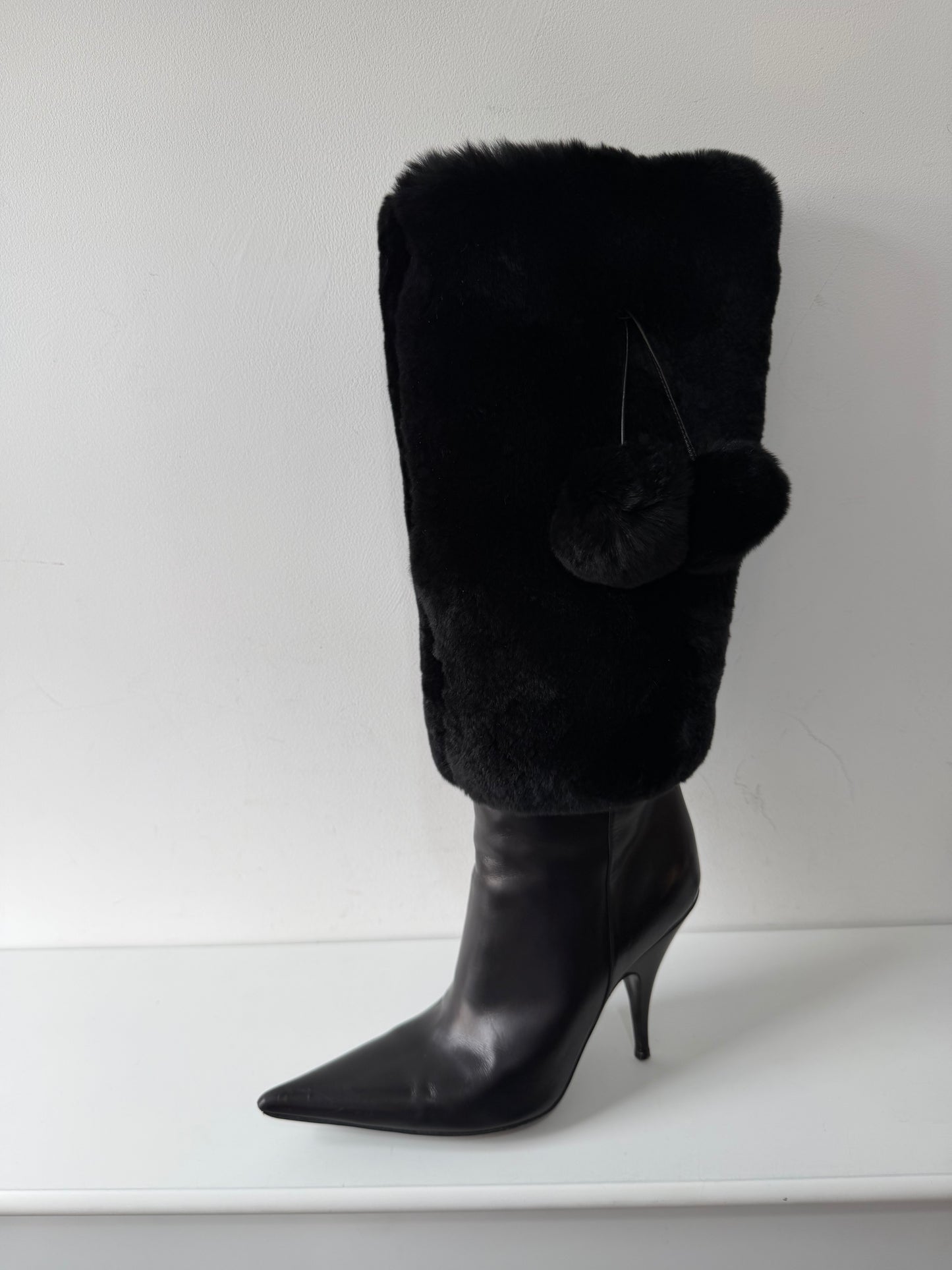 Preloved Dior Knee High Boots Size 5.5 Black Leather & Rabbit Fur