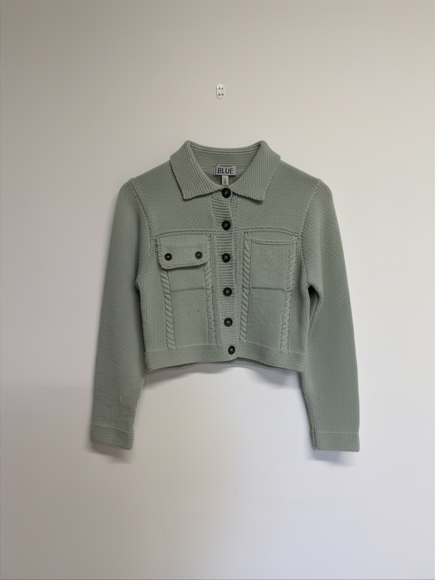 Preloved Artwork Blue Knitted Cardigan Size Small Mint Green