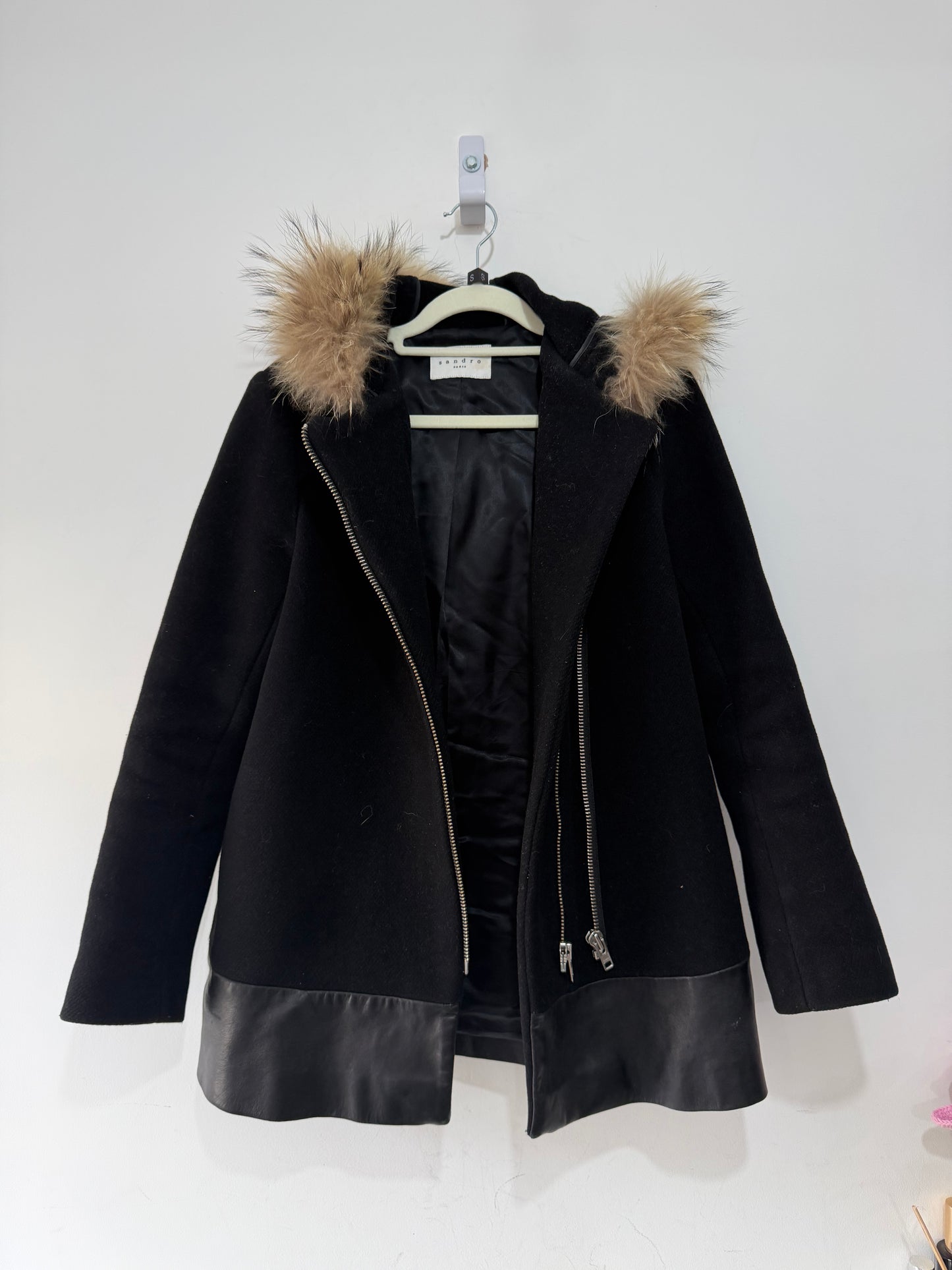 Preloved Sandro Coat Size 36 Uk 8 Black with fur hood