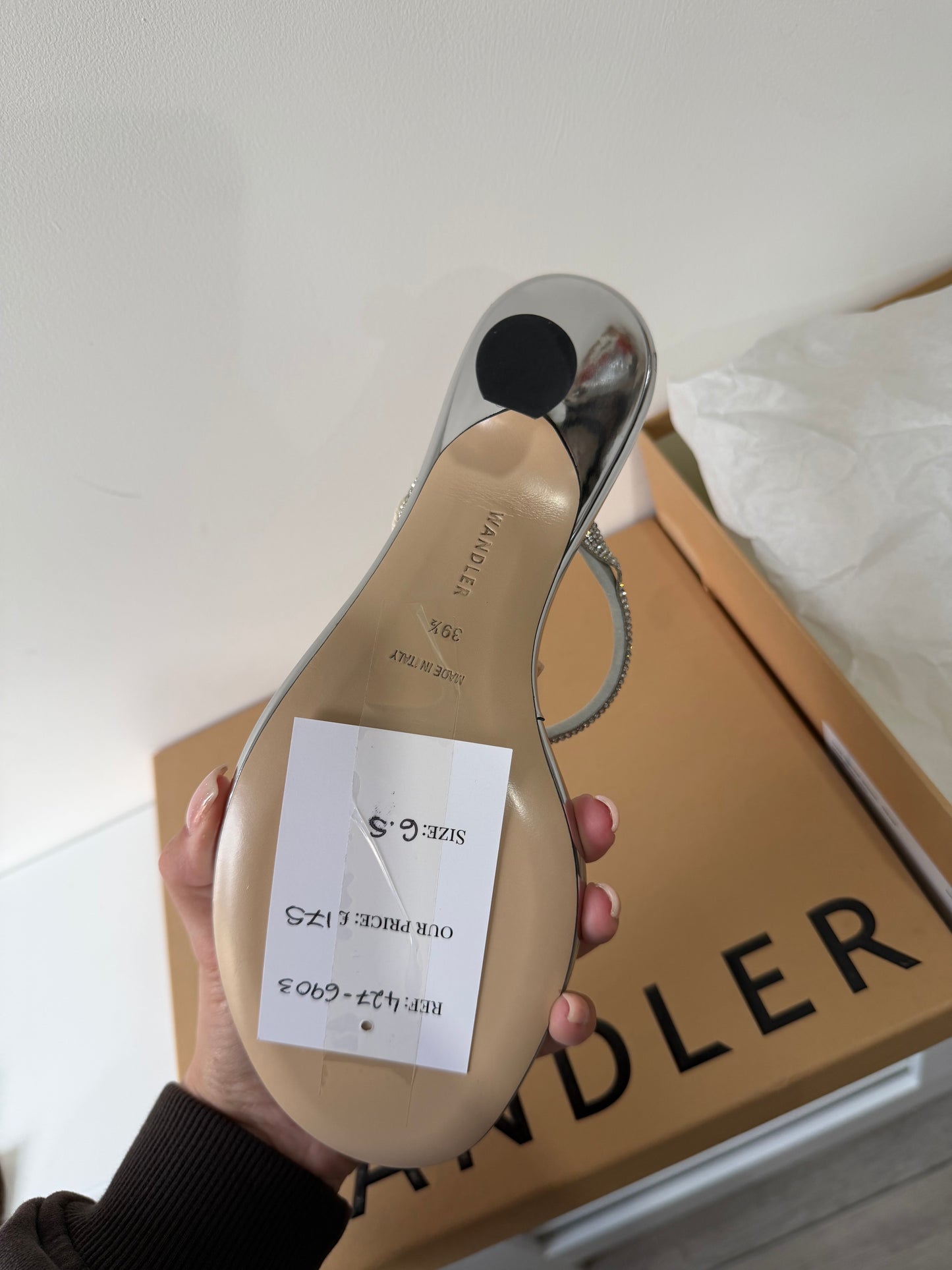 Pre-owned, Brand New Silver Wandler Embellished Sandals Heels, Size 39.5 (UK 6.5)