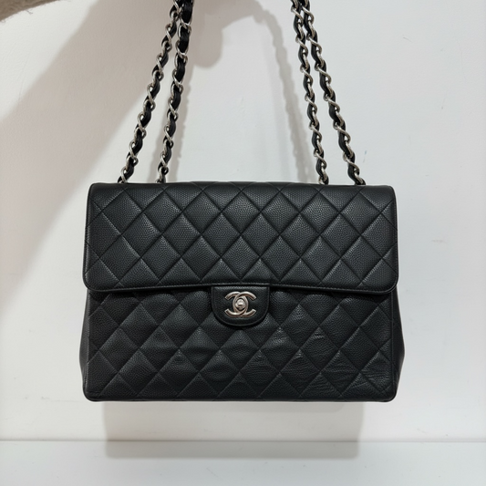 Preloved, Black Chanel Quilted Jumbo Single Flap Bag, Silver Hardware, Black Caviar Leather