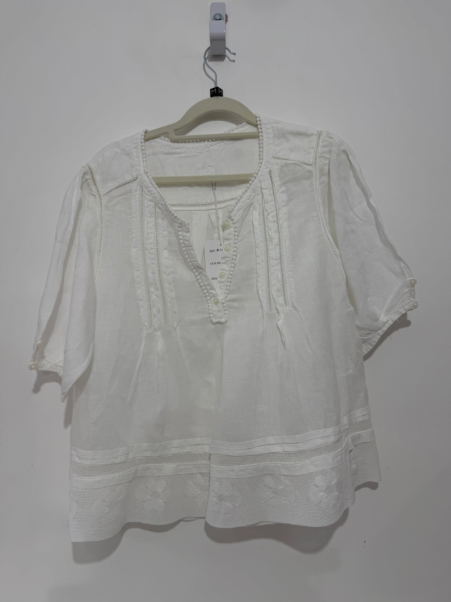 Pre-owned, White 120% Lino Boho Blouse, Size 42 (Fits 12)