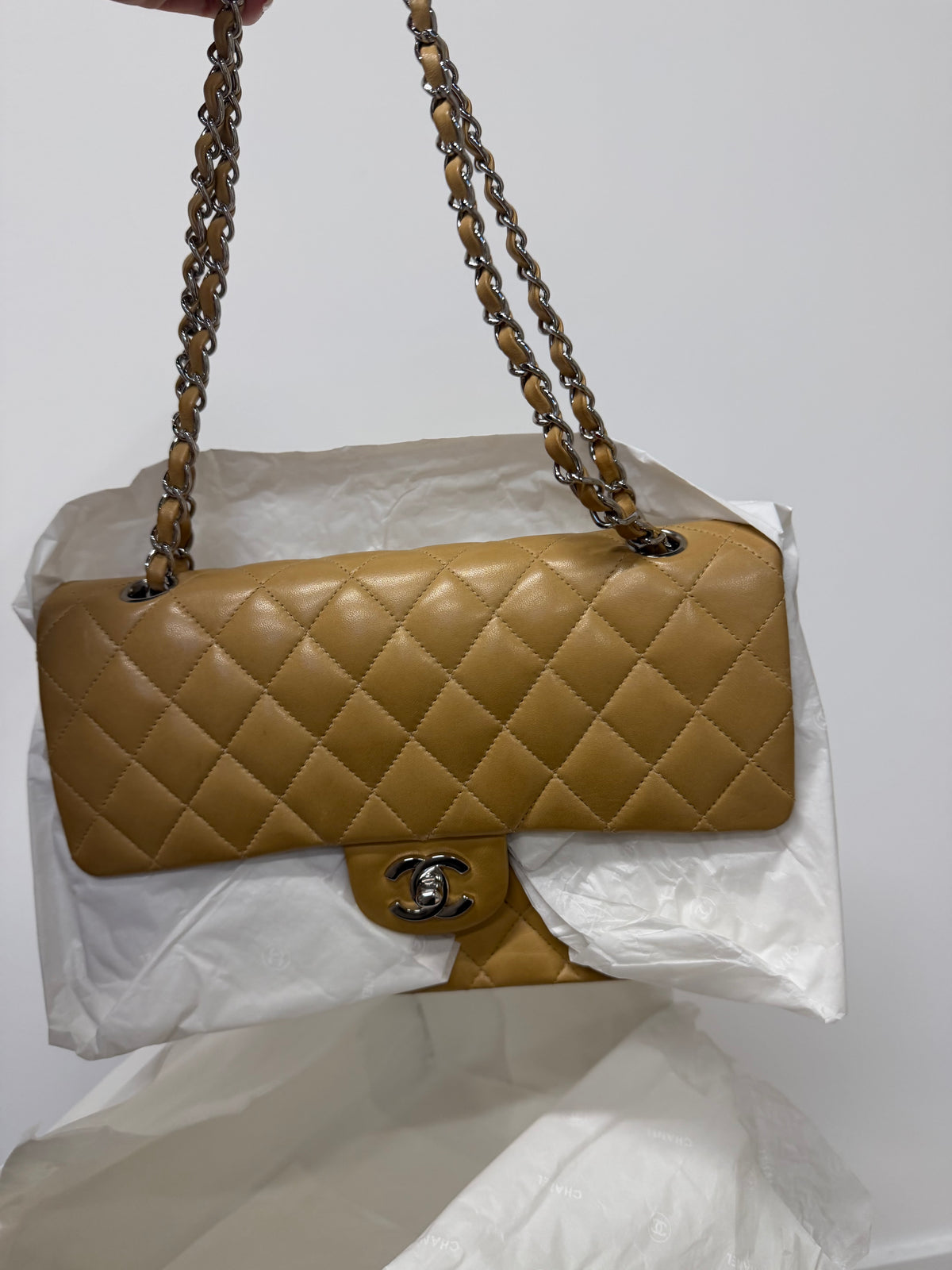 Preloved Chanel Bag Medium Double Flap Beige with Silver Hardware