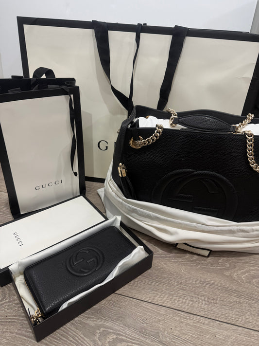 Black Gold Hardware Gucci Soho Chain Leather Bag, with Purse (Set)