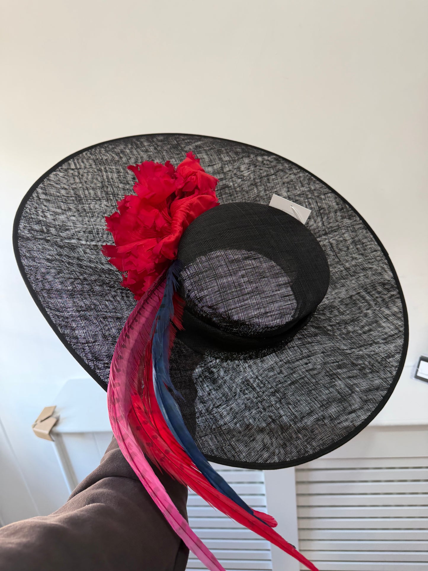 Preloved, Black with Red Feather Nigel Rayment Couture Hat Fascinator