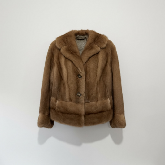 Brown Mink Fur Jacket, Size S with Headband