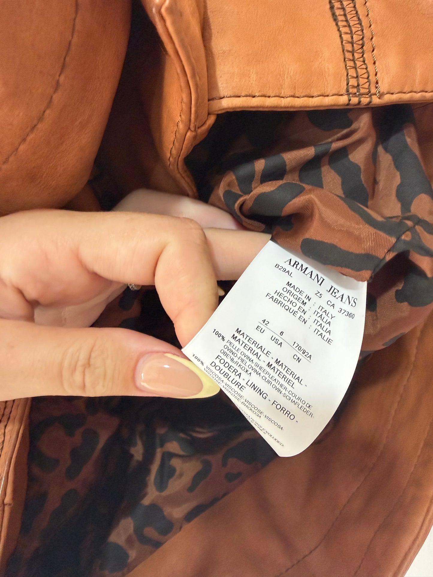 Preowned, Tan Brown Armani Jeans 100% Leather Jacket, Size 10 Fire Price