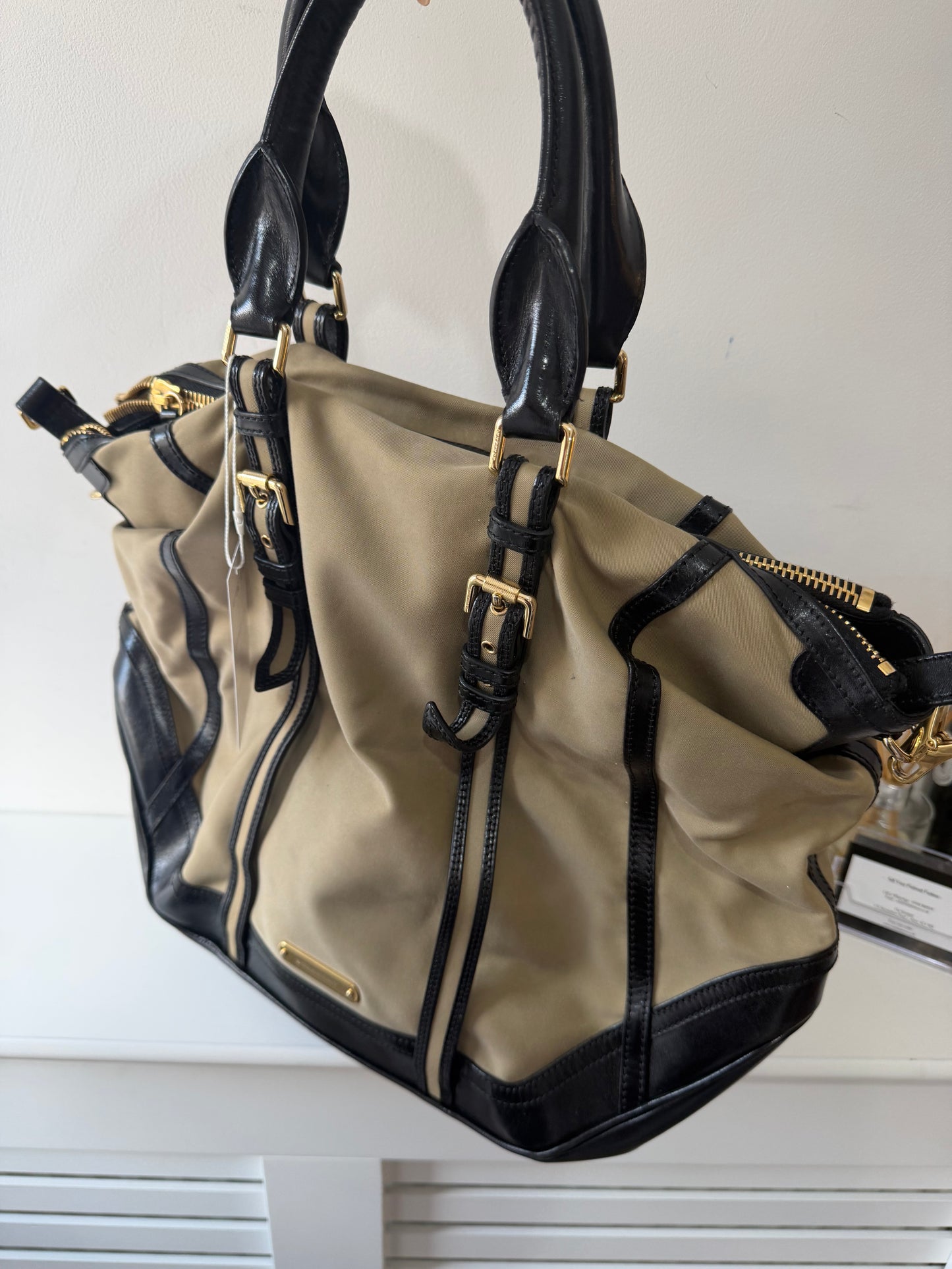 Preloved, Khaki with black leather  Burberry Tote Handbag, Small