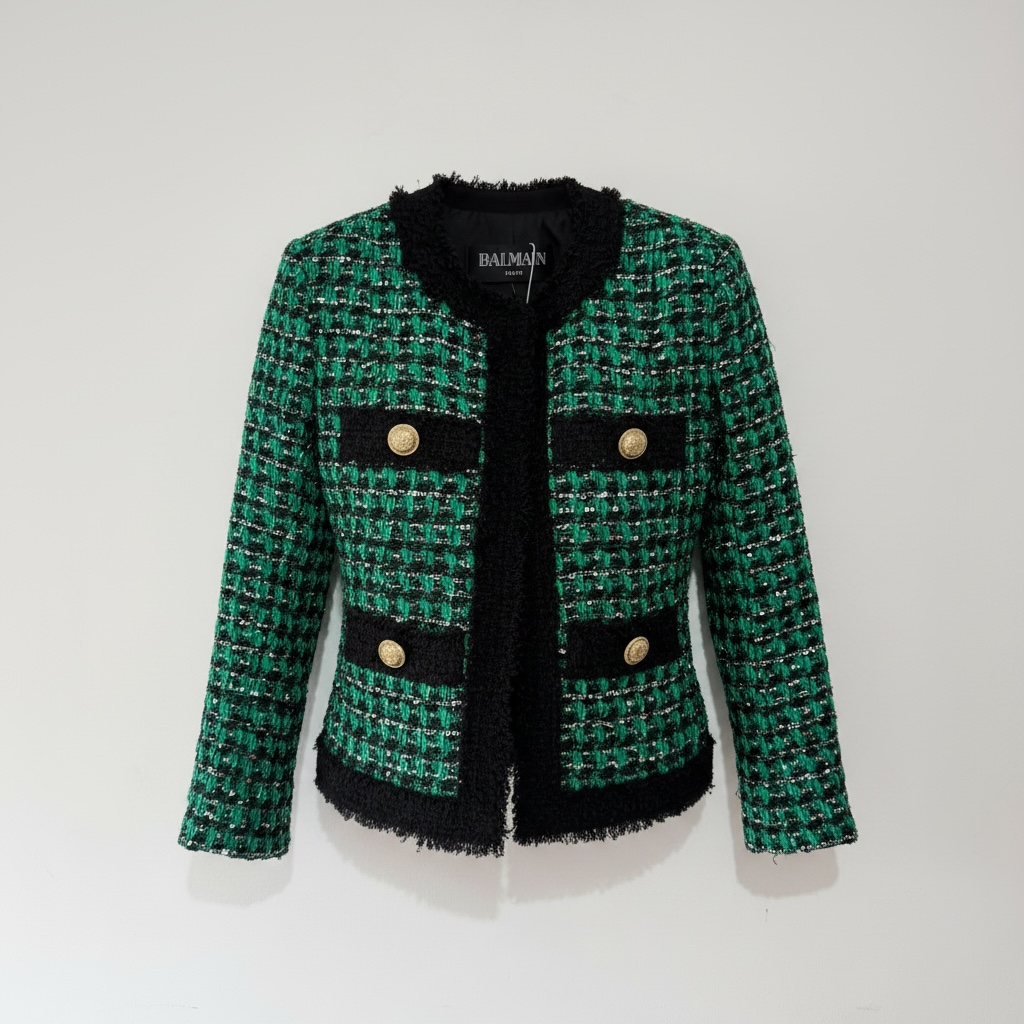 Peloved Green Balmain Boucle Tweed Jacket Blazer, Size 10