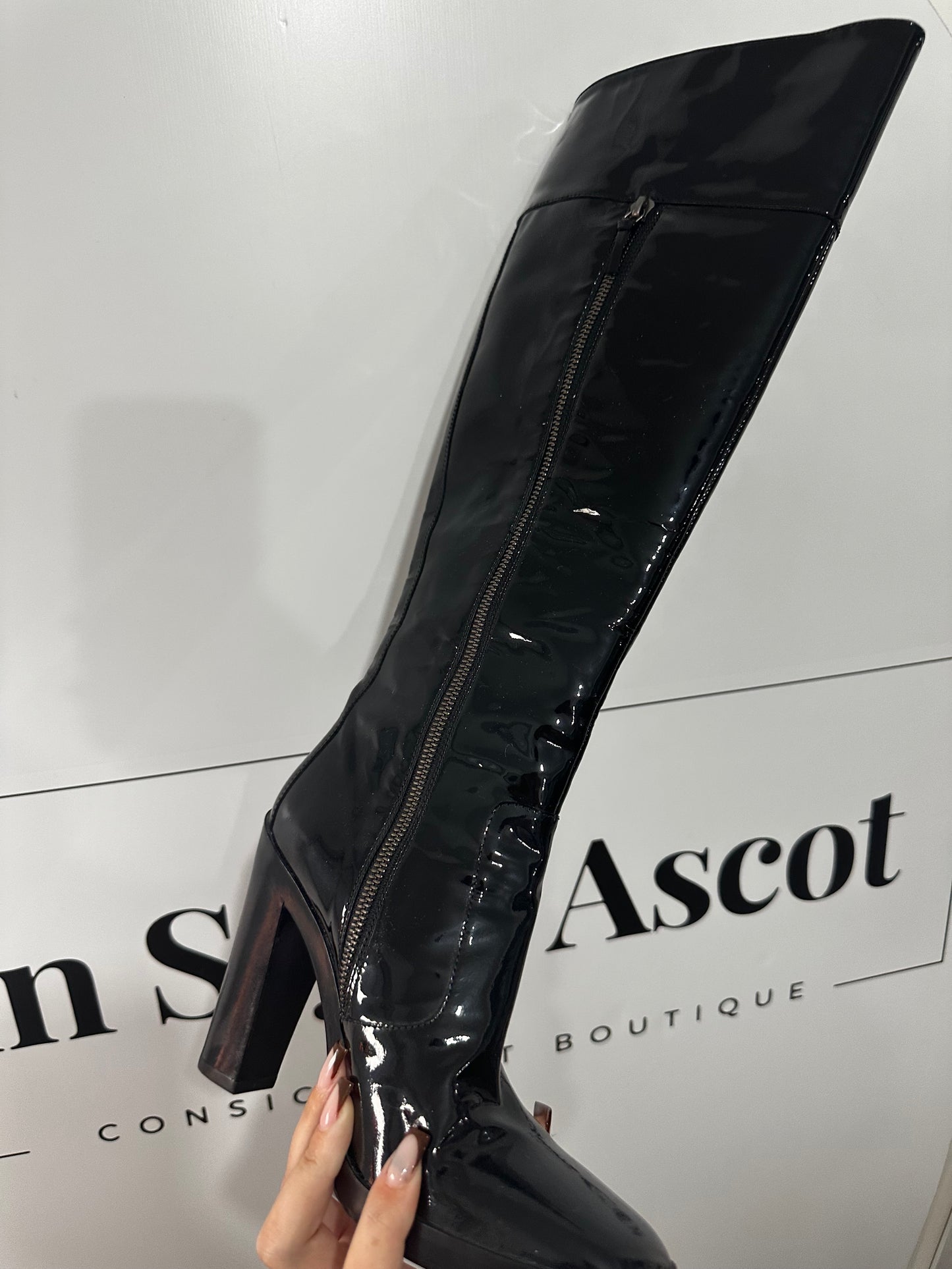 Patent Black Balenciaga Knee-High Boots, Size 5
